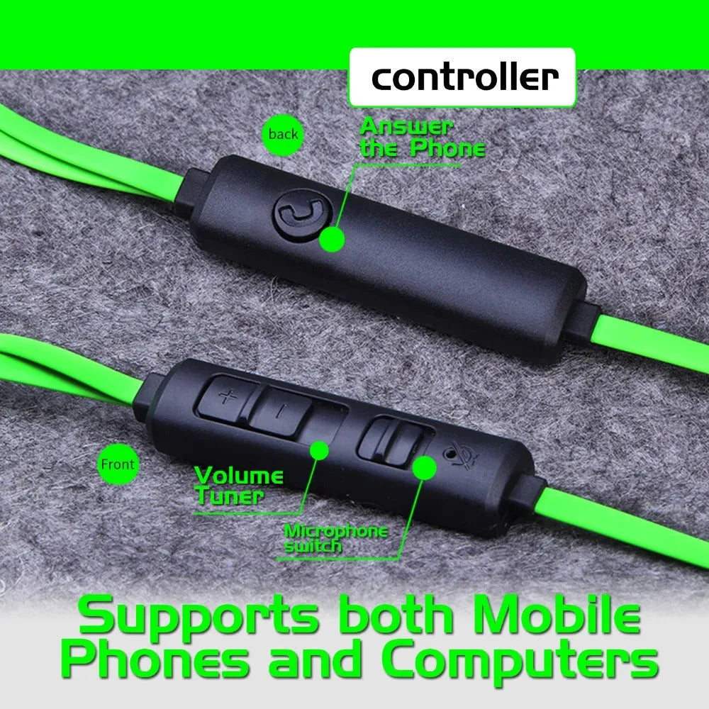 Shuangmai wired in-ear gaming headset in black, green, and red colours with a short cable.