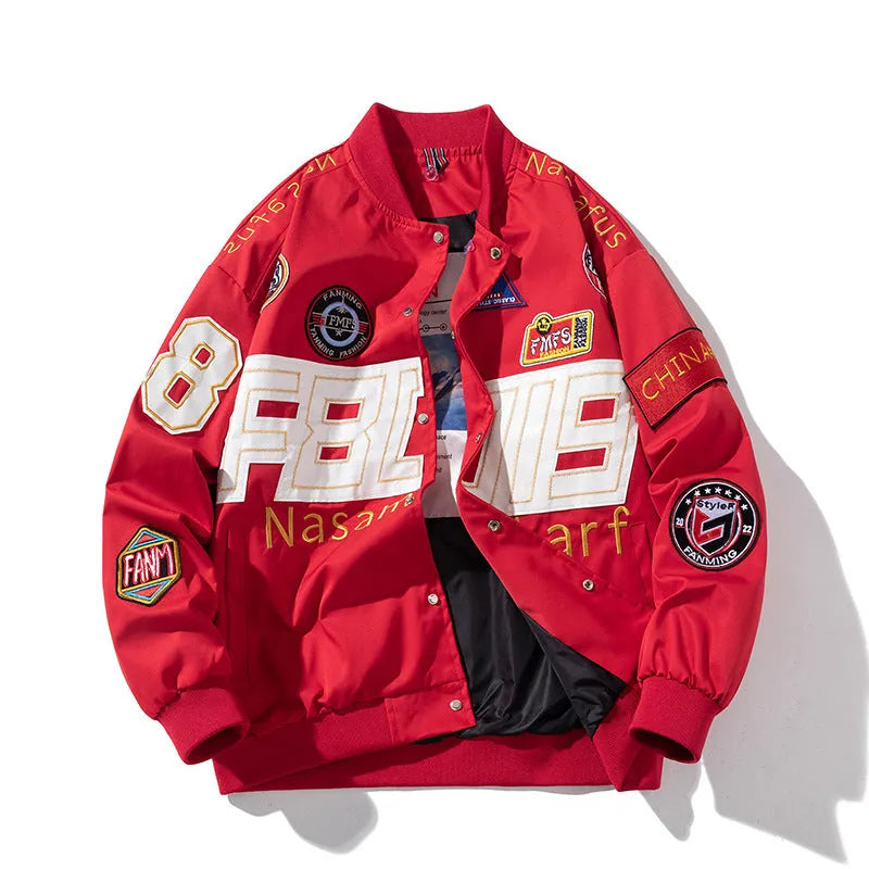 Loose-fit black motorcycle couple baseball jacket with side pockets and a removable hood.