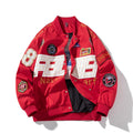Loose-fit black motorcycle couple baseball jacket with side pockets and a removable hood.