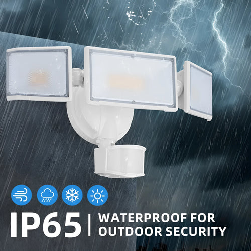 White or black LED security flood light with motion sensor for outdoor wall or ceiling mounting
