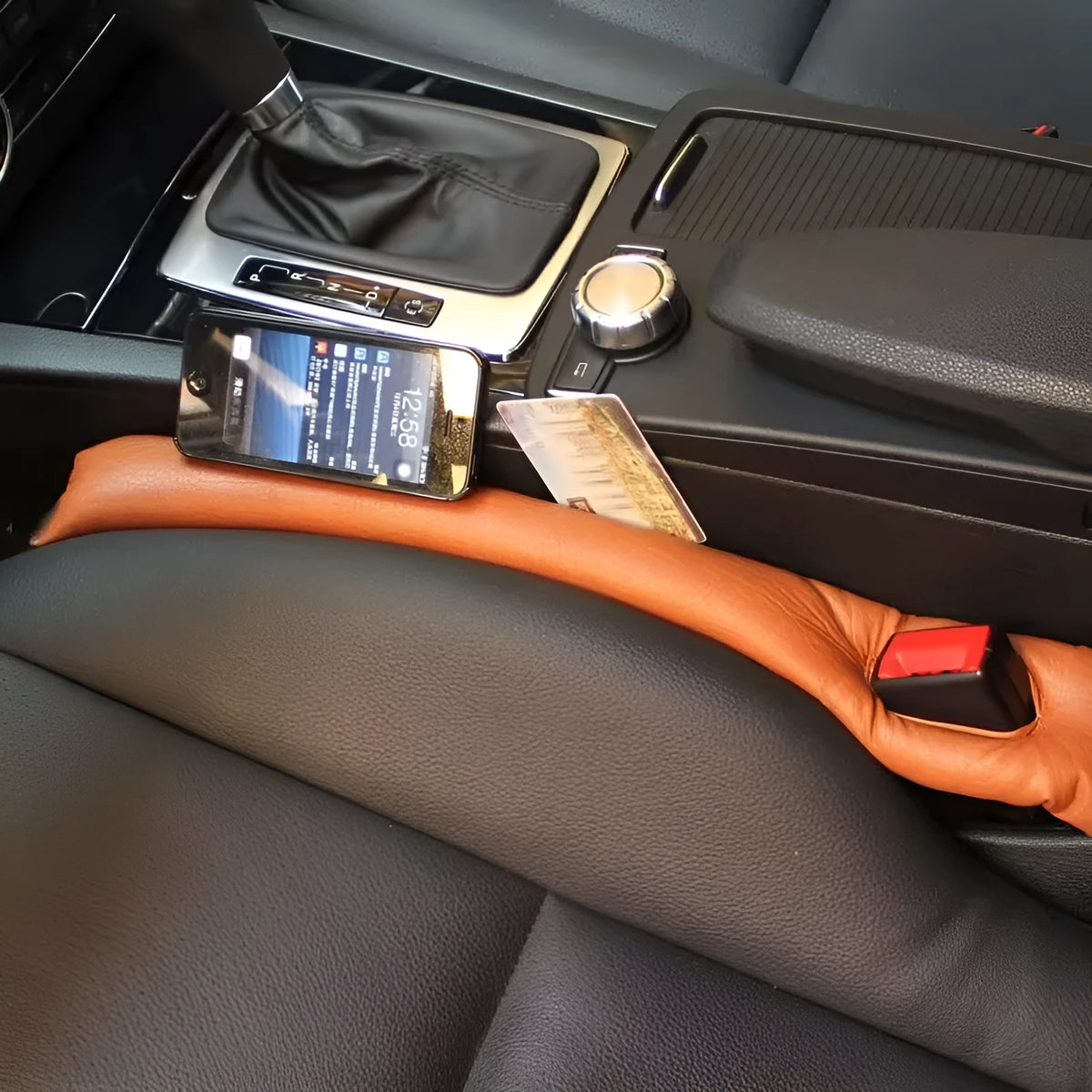 PU leather car seat gap strip in black, beige, brown or grey, fitted between car seat and centre console