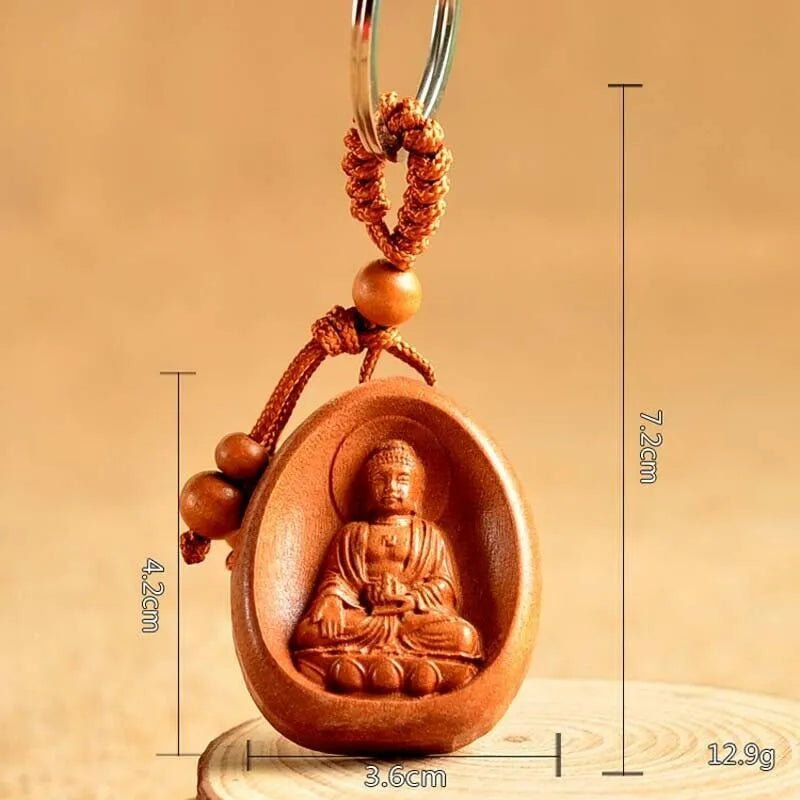 Eight patron saint keychains in peach wood colour, each 10 x 3.2 x 4 cm, Taomu Buddhist keychain set
