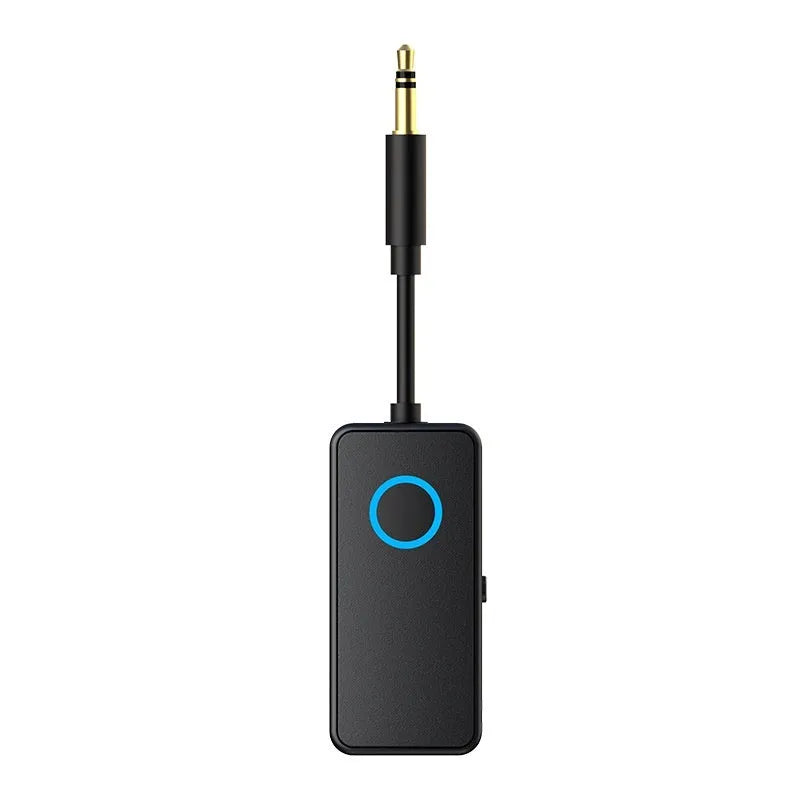 Black Bluetooth 5.4 audio adapter with a 3.5mm aux plug for wireless music streaming.