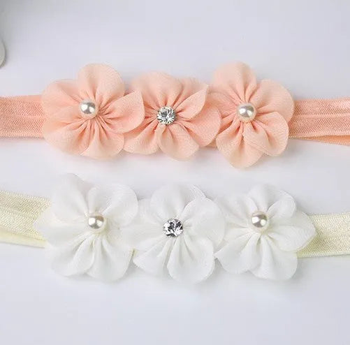 Three little plum blossom baby headband in white and meat pink fabric floral children’s hairband