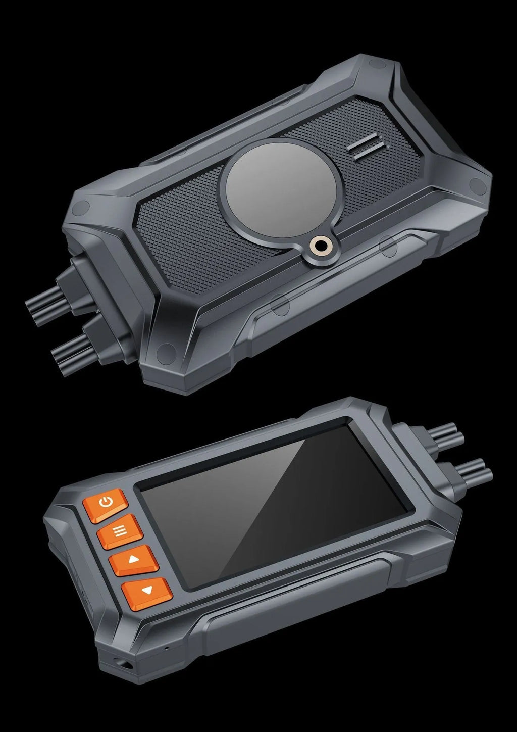 Motorcycle dual lens dash cam with GPS module and waterproof casing showing 1080P front and rear recording capability