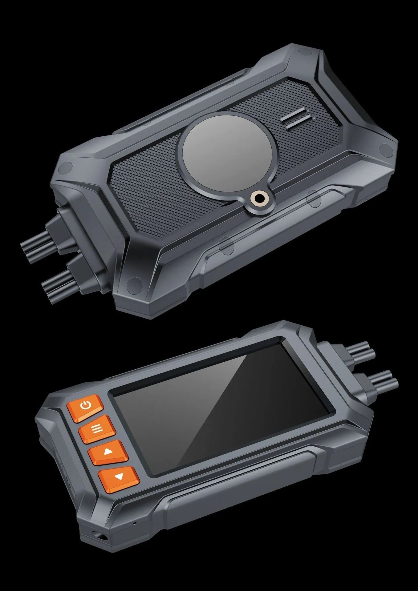Motorcycle dual lens dash cam with GPS module and waterproof casing showing 1080P front and rear recording capability