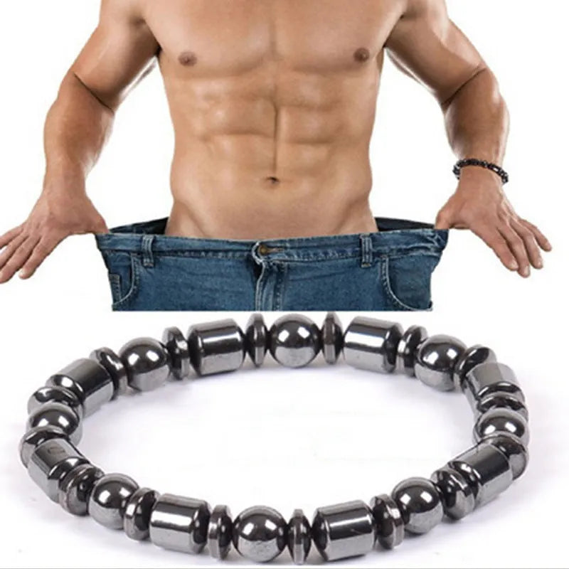 Black pentagram stone magnetic therapy bracelet with magnetite and hematite stretch design