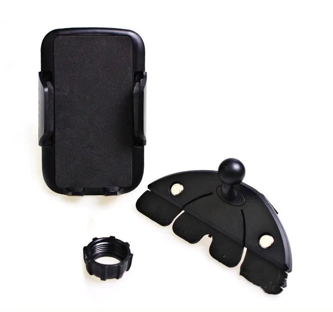 Black car phone holder with CD port bayonet mount and adjustable 50mm to 85mm clamp for 6 inch phones