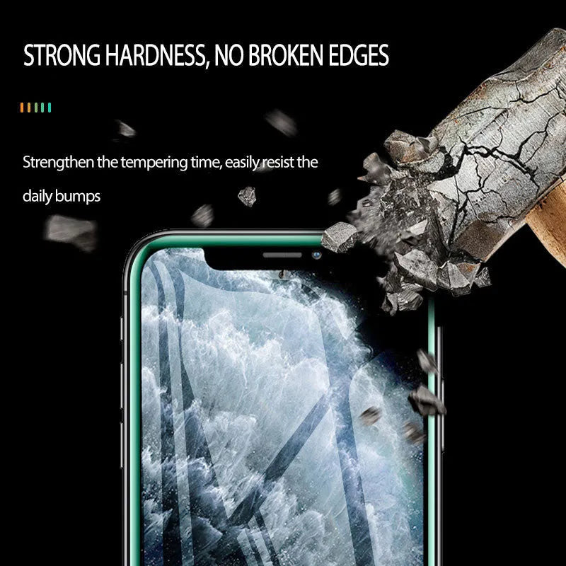 Luminous full cover tempered glass screen protector for iPhone glowing in dark with anti-scratch features.
