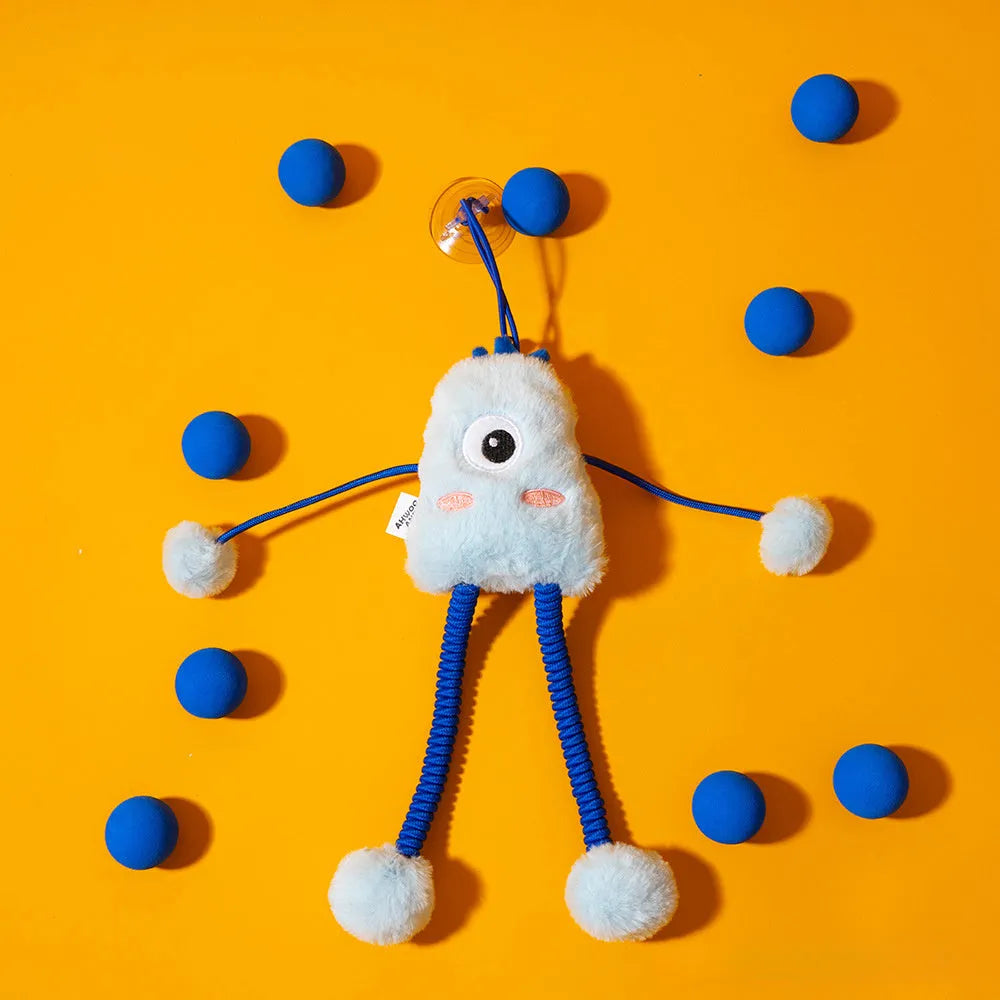 Blue telescopic elastic cat toy with plush element and mint-scented bell ring extended during play