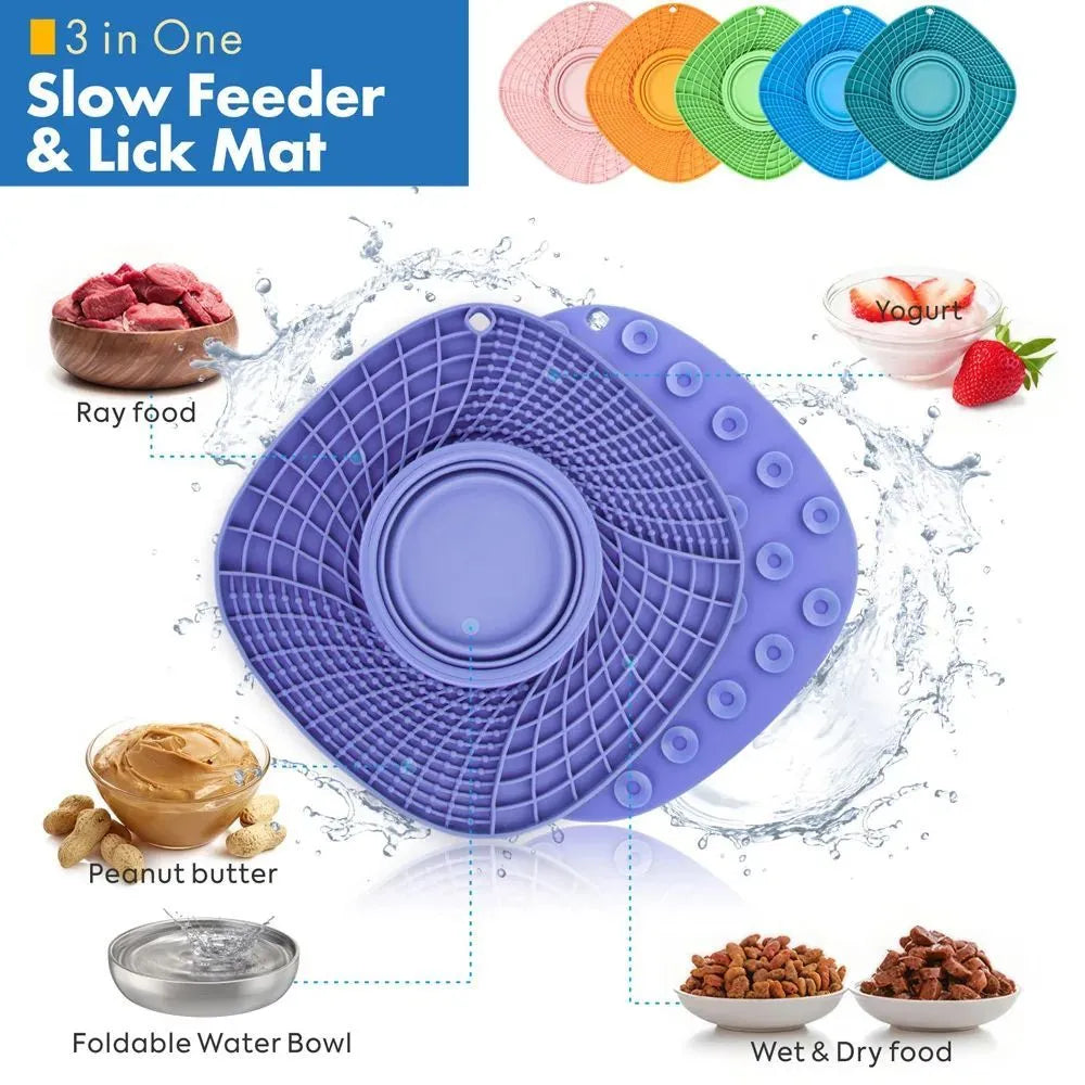 Slow feeder dog bowl with non-slip base, anti-gulping puzzle design, in blue dark green green orange pink purple.