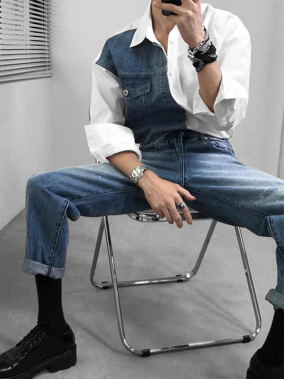 Men's white denim splicing long sleeve shirt, spring casual top, sizes M to 2XL