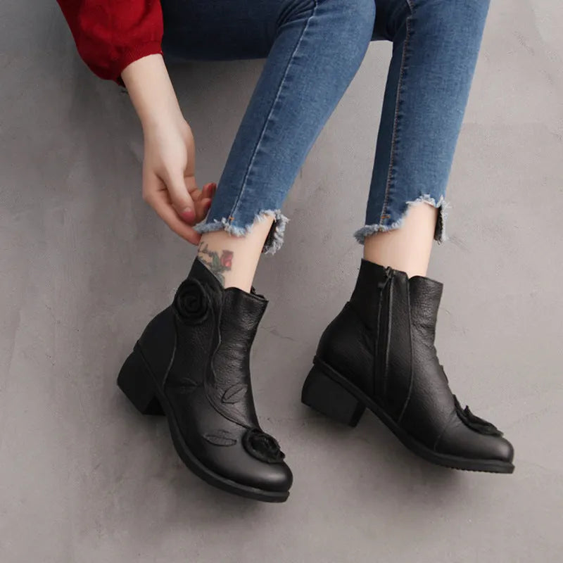Handmade genuine leather Martin boots with chunky 3-5cm square heel, round toe and ethnic floral embossed upper, red or black.