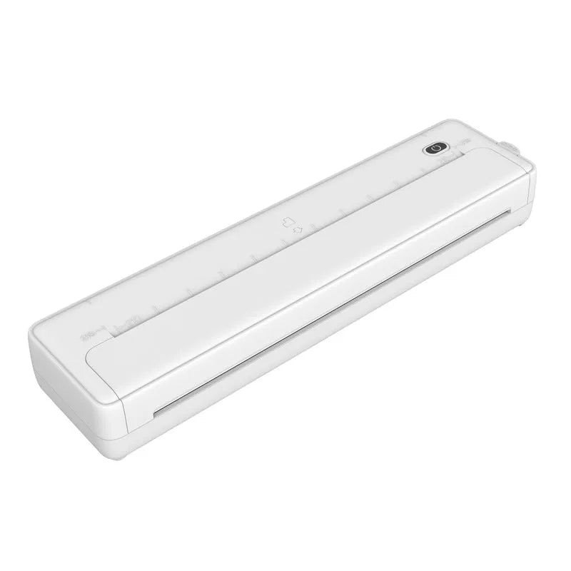 Black and white portable A4 Bluetooth printer with compact design for wireless mobile printing.
