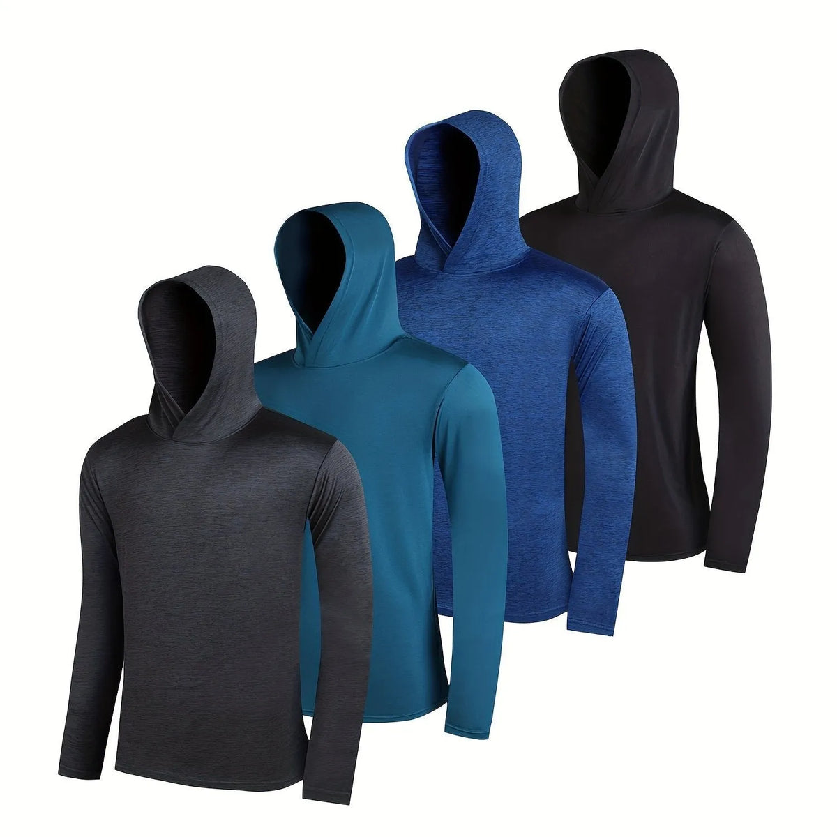 Four men's lightweight hoodies in elastic polyester fibre showing five colour options and size range S to XXXL