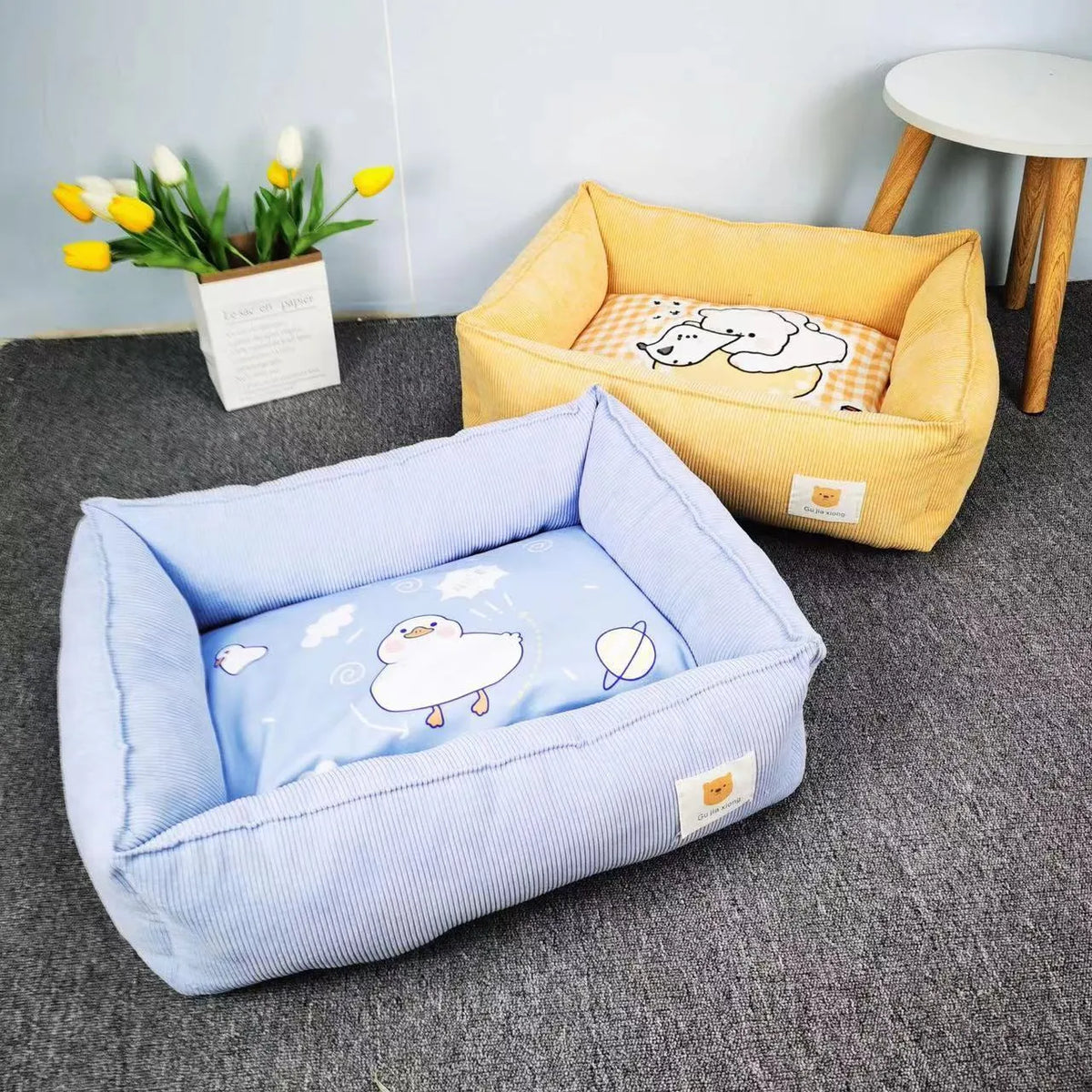 Cotton pet nest for dogs in light coconut palm colour with soft velvet interior.