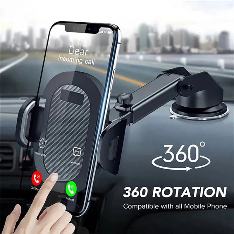 Black universal car phone holder with adjustable arms for 4 to 7 inch smartphones.
