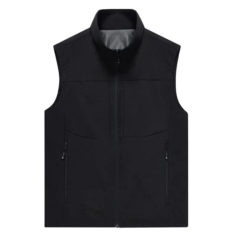 Men's loose-fit outdoor cardigan vest with stand collar and zipper pockets in Army Green colour.