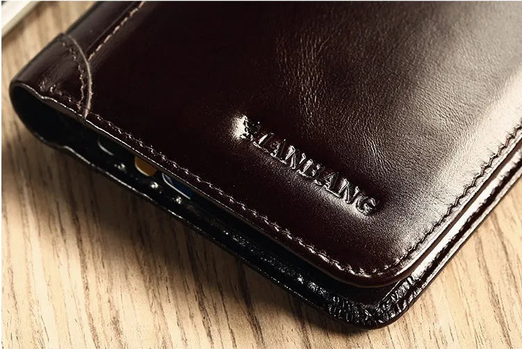 Men's leather wallet showing multiple internal compartments including photo position, card slots and banknote folder