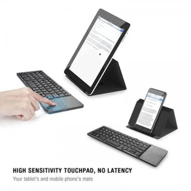 Folding Bluetooth keyboard with 64 ABS keys, touch plate, rechargeable battery, black and white options