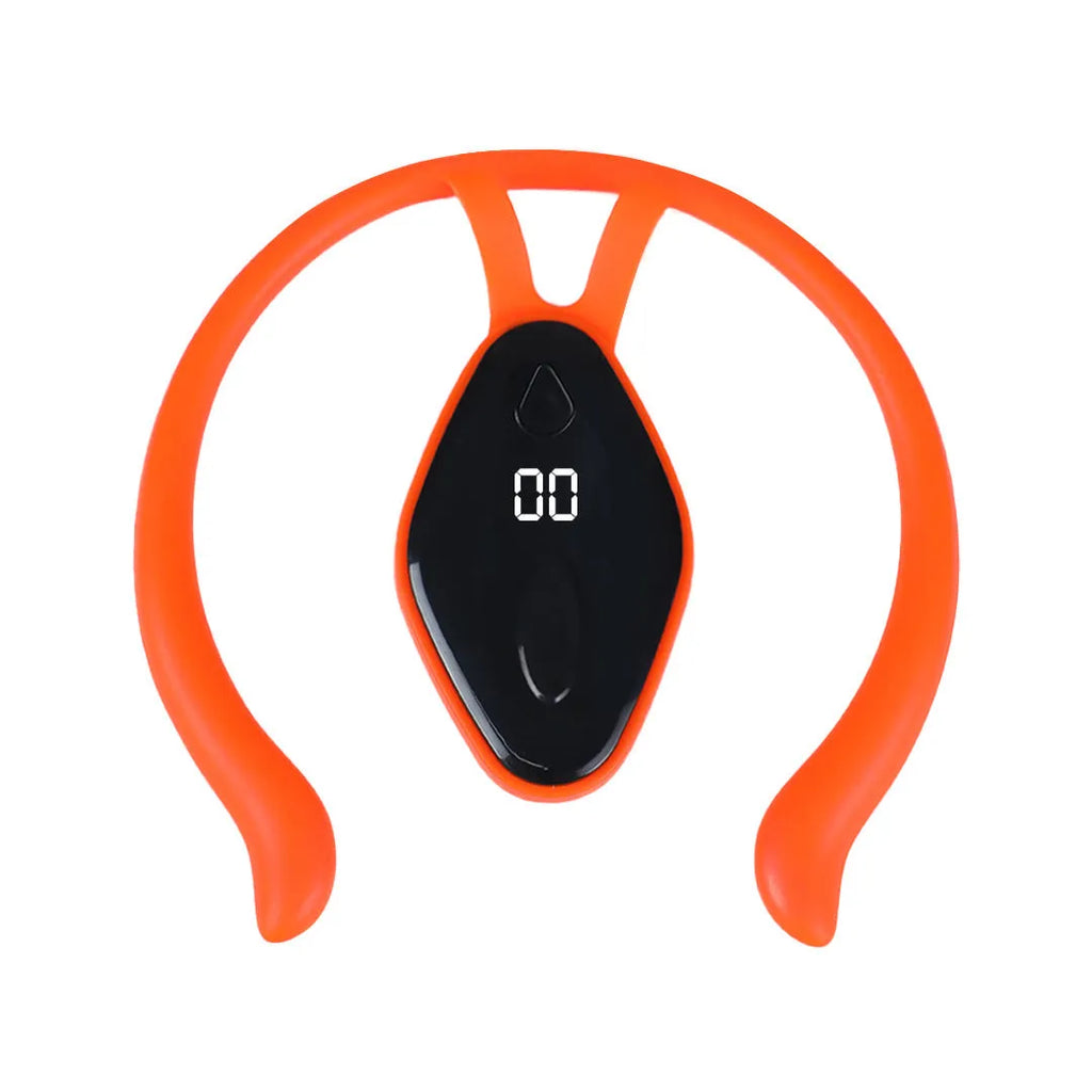 Children's portable posture corrector with smart LCD display and vibration reminder, available in black or orange, USB rechargeable.