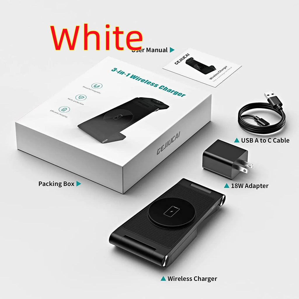 Vertical folding magnetic three-in-one wireless charger in black or white with US charging head and cable