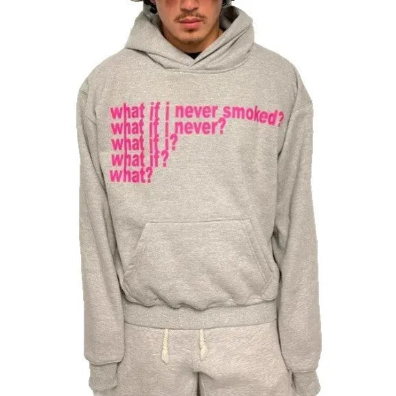 A black heavy hooded sweater with a large letter print on the front, showing a regular sleeve and hood.