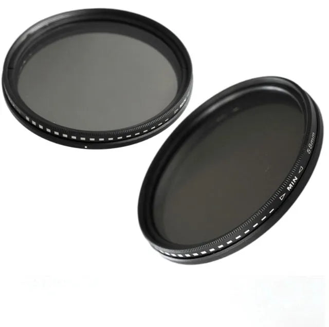 Adjustable multi-diameter ND camera filter kit with ND-2, ND-4, ND-8, and ND-400 filters and adapter rings