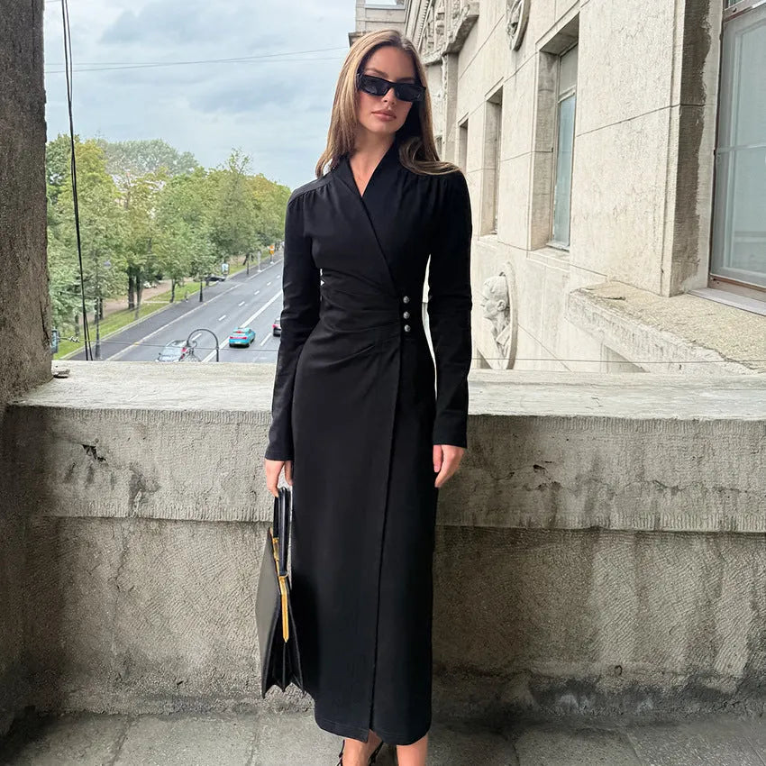 Simple all-matching black long sleeve dress for women polyester hip skirt casual wear