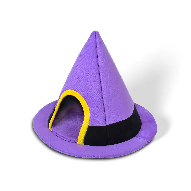 Purple Halloween witch hat shaped cloth cat nest bed measuring 60cm by 45cm.