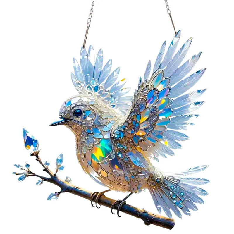 Acrylic bird pendant holiday decoration with UV printed cartoon design on transparent background