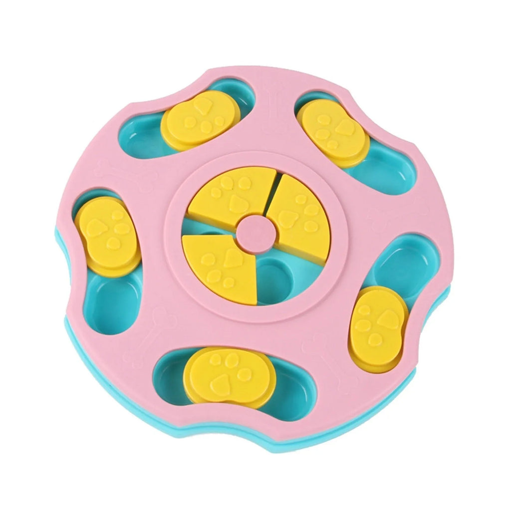 Blue and pink dog puzzle toy showing food bowl and interactive searching game design for aggressive chewers.