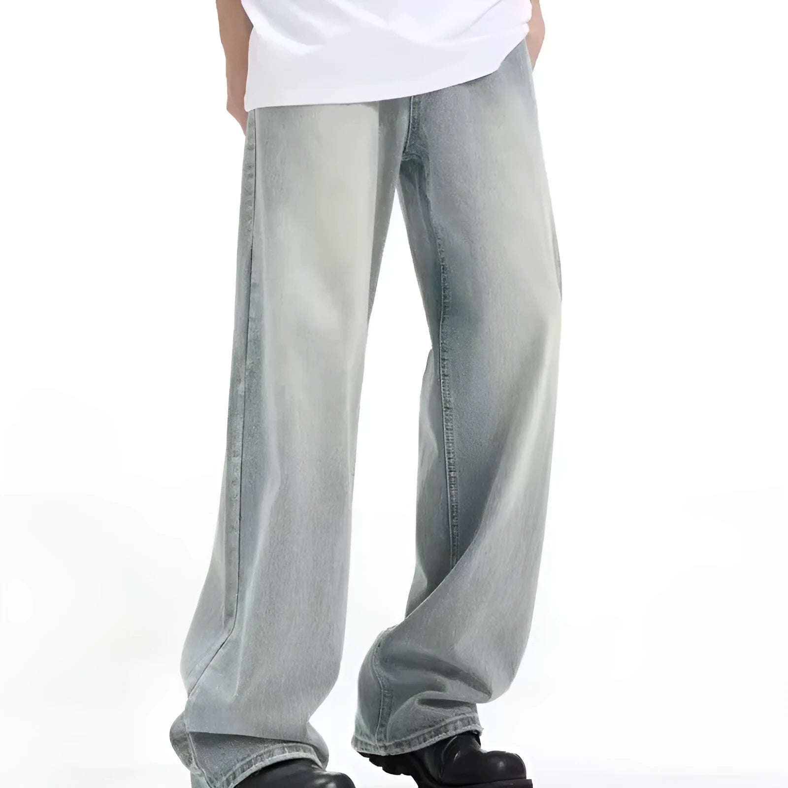 Blue loose-fit rabbit fur retro jeans with an elastic waistband on a neutral background.