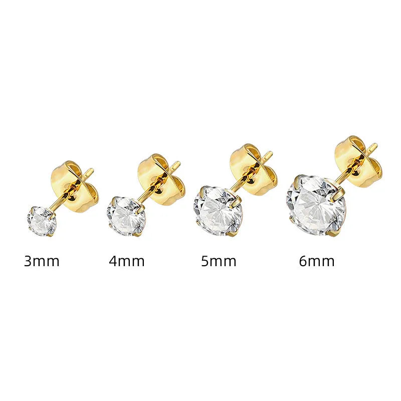 Titanium steel geometric zircon stud earrings in steel colour and gold finish with round zircon stones ranging from 2mm to 8mm