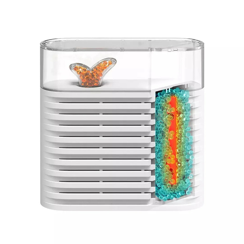 White recyclable cabinet dehumidifier box with clear top showing orange silica gel beads.