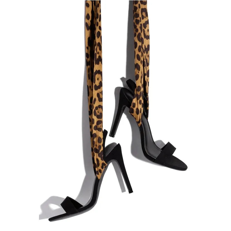 Light brown leopard print high heels with Roman cross-strap design and fine 8cm+ heel