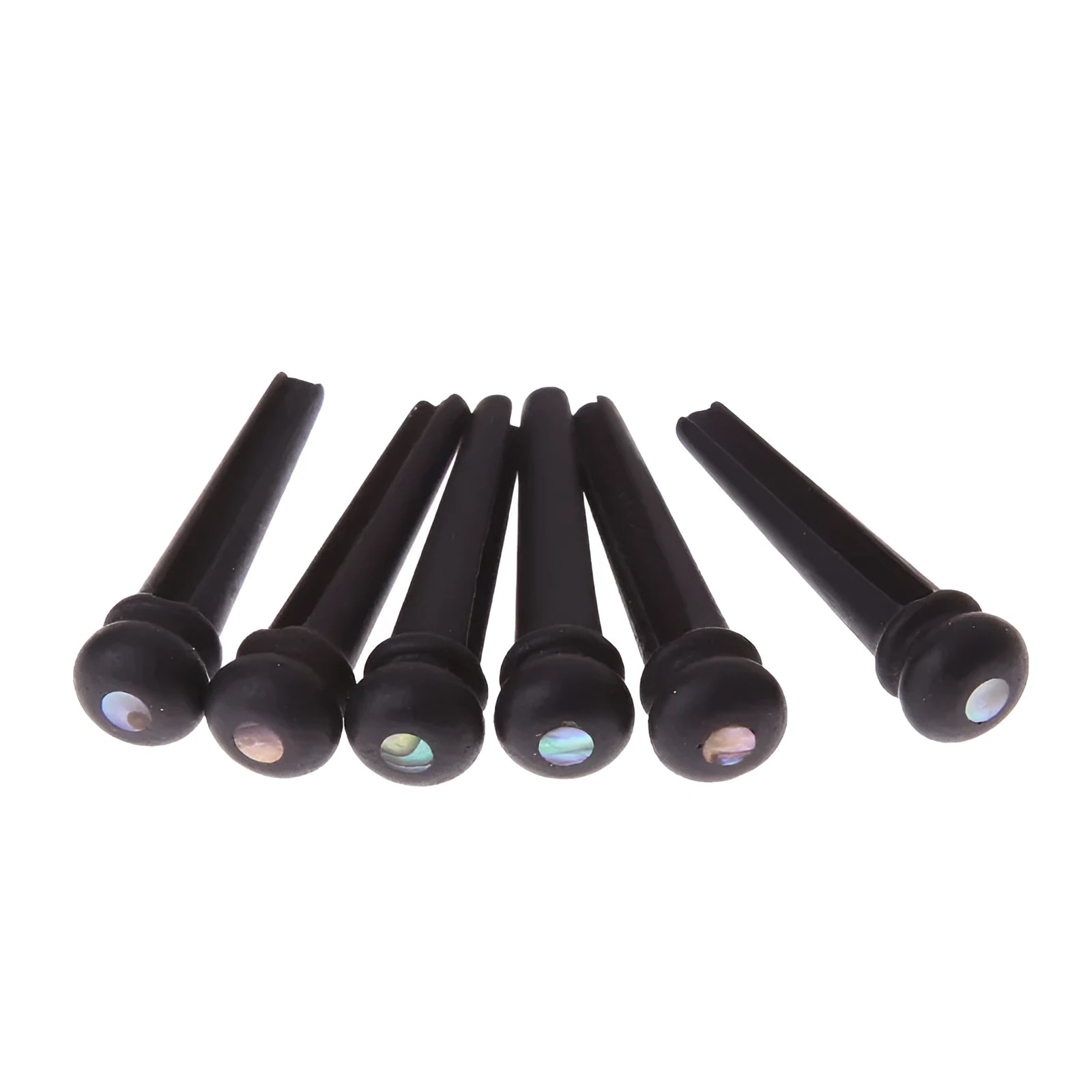 Six ebony guitar string nails with matt black finish and 5.3mm bayonet diameter