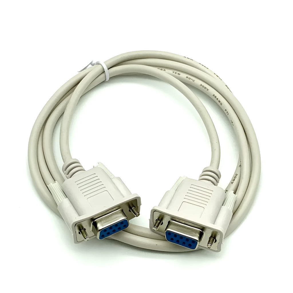 Milky white female-to-female DB9 serial cable with cross-wired RS232 configuration measuring 1.5 metres