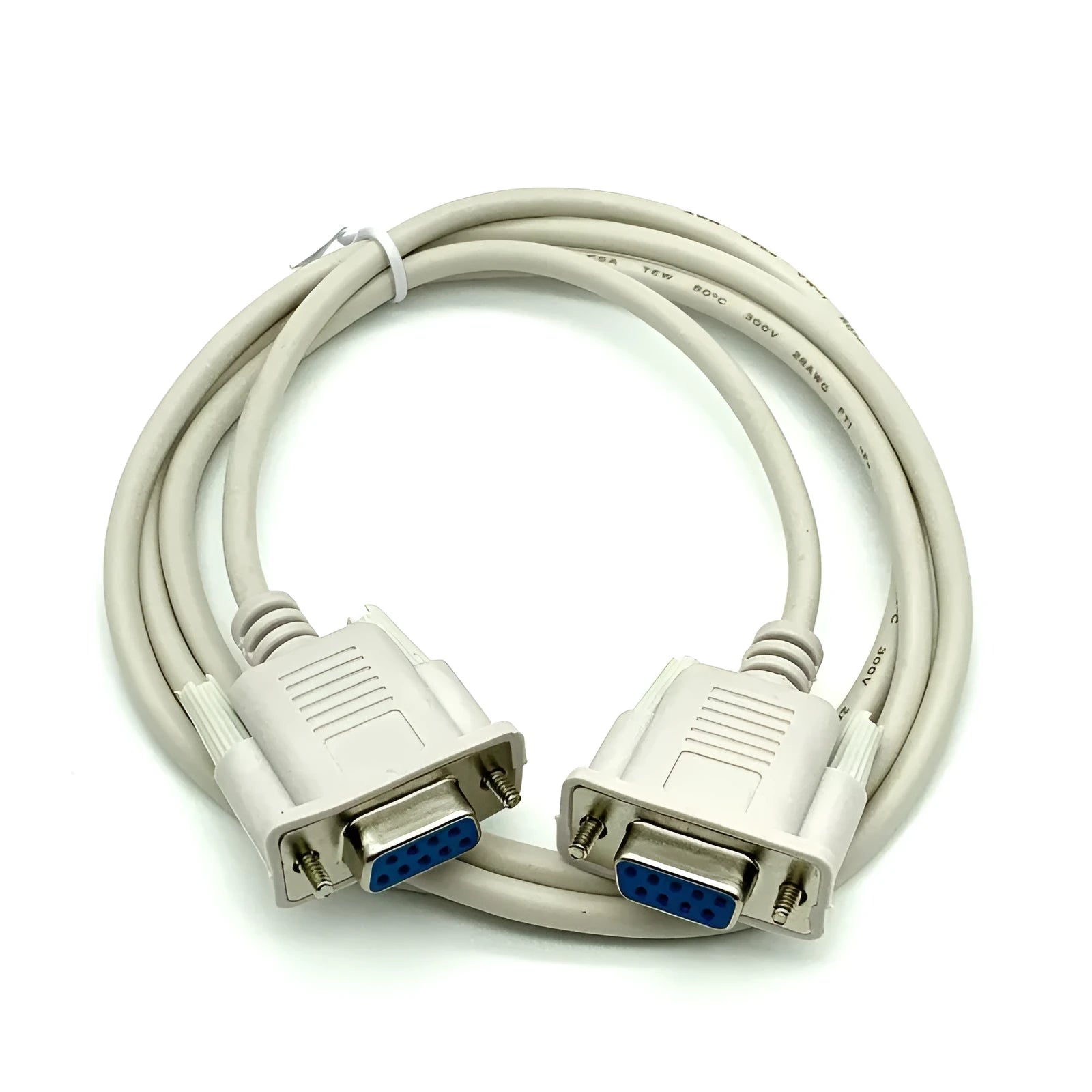 Milky white female-to-female DB9 serial cable with cross-wired RS232 configuration measuring 1.5 metres