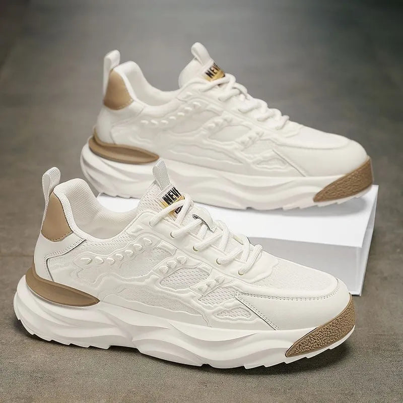 Men's solid colour breathable mesh shoes in white, shown from a side angle.