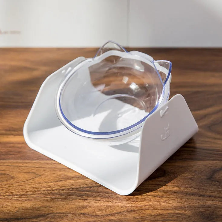Protective cervical cat bowl in plastic with raised bevel design, shown in blue, pink, black, white, or yellow format.