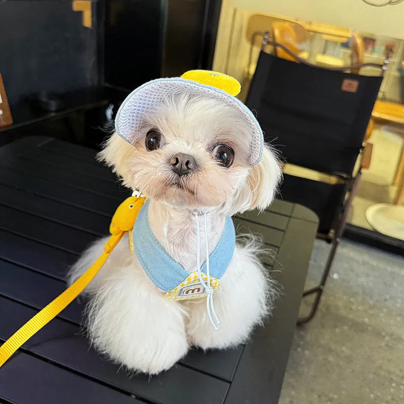 Pet harness and leash set with three-piece summer clothing, a cute hat, and a wire rope pulling toy for dogs and cats.