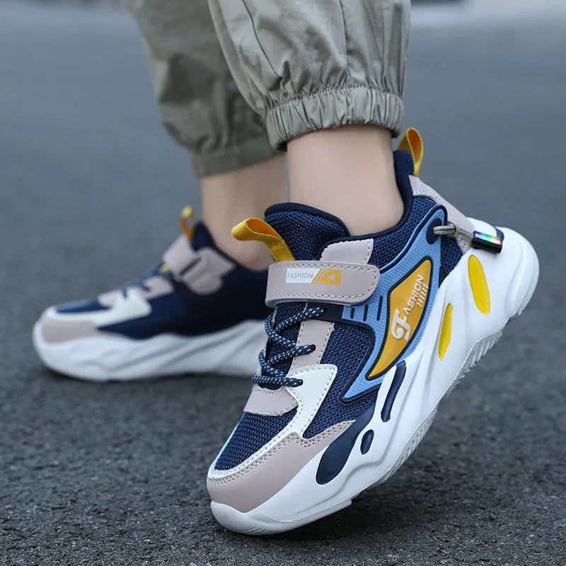 Boys' dark blue and black platform sports shoes with Velcro strap and mesh upper