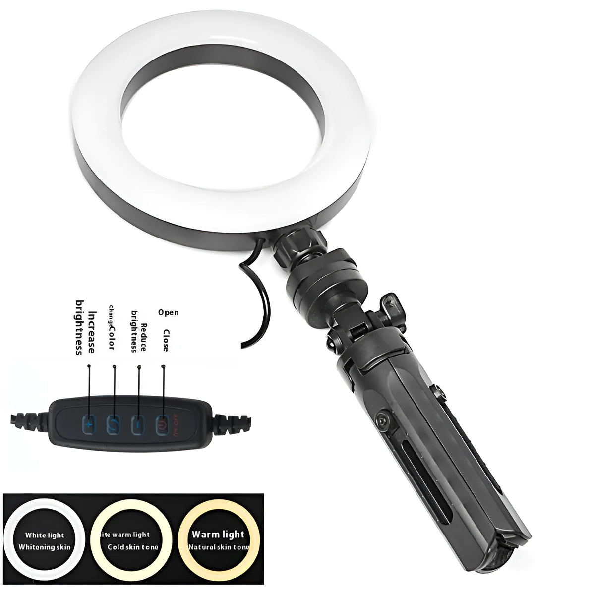 Black neutral style mobile streaming bracket with adjustable fill light on desktop tripod
