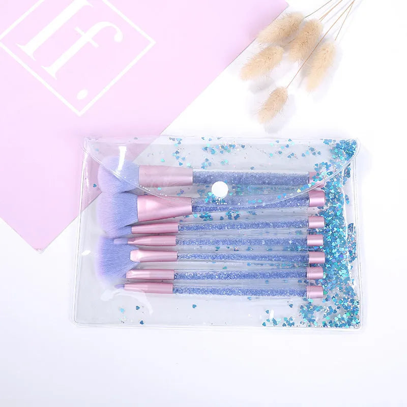 Seven-piece makeup brush set with rayon bristles, PU heads and 20cm long plastic handles in pink, blue and rose red