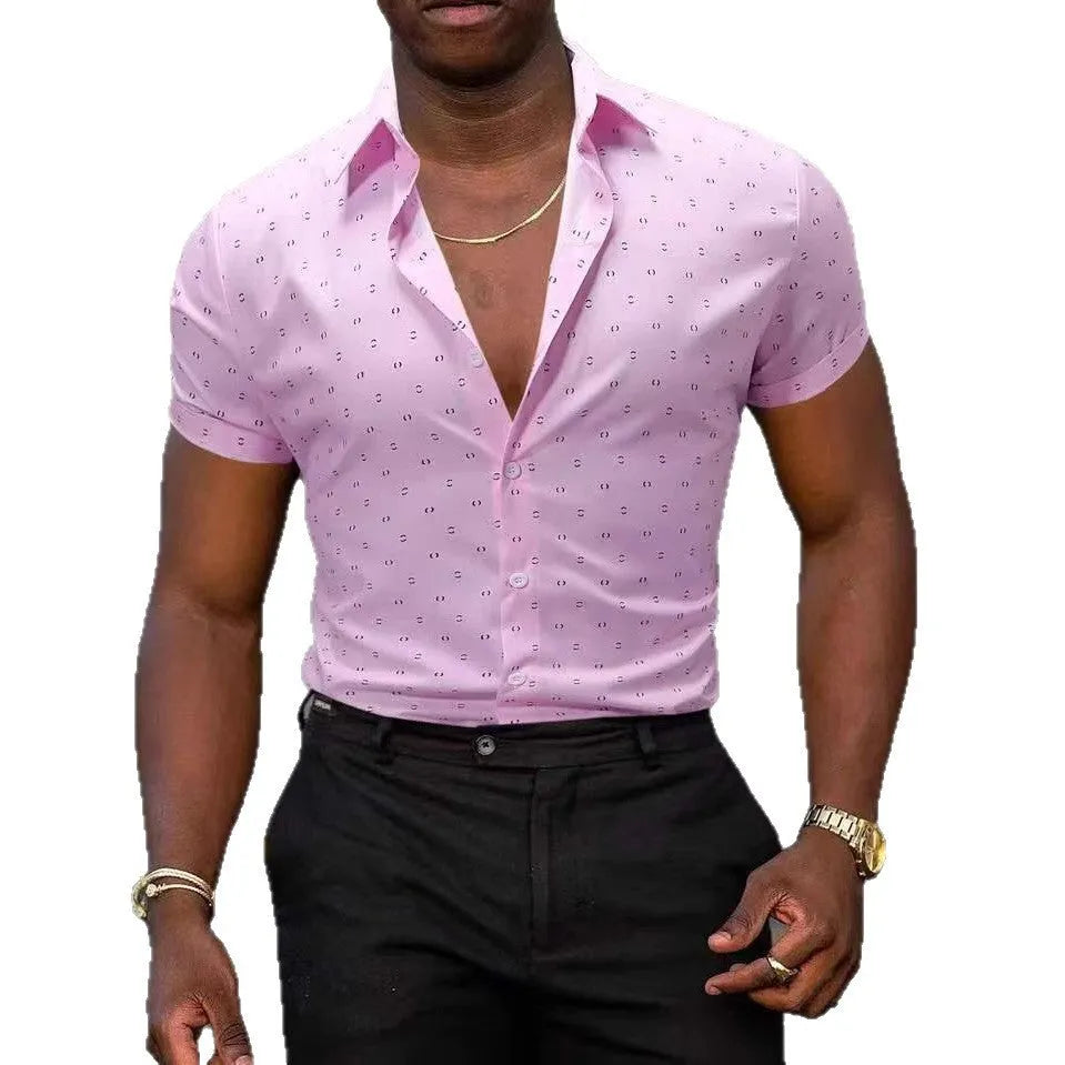 Men's light blue floral print short-sleeved shirt made from stretch polyester fabric.
