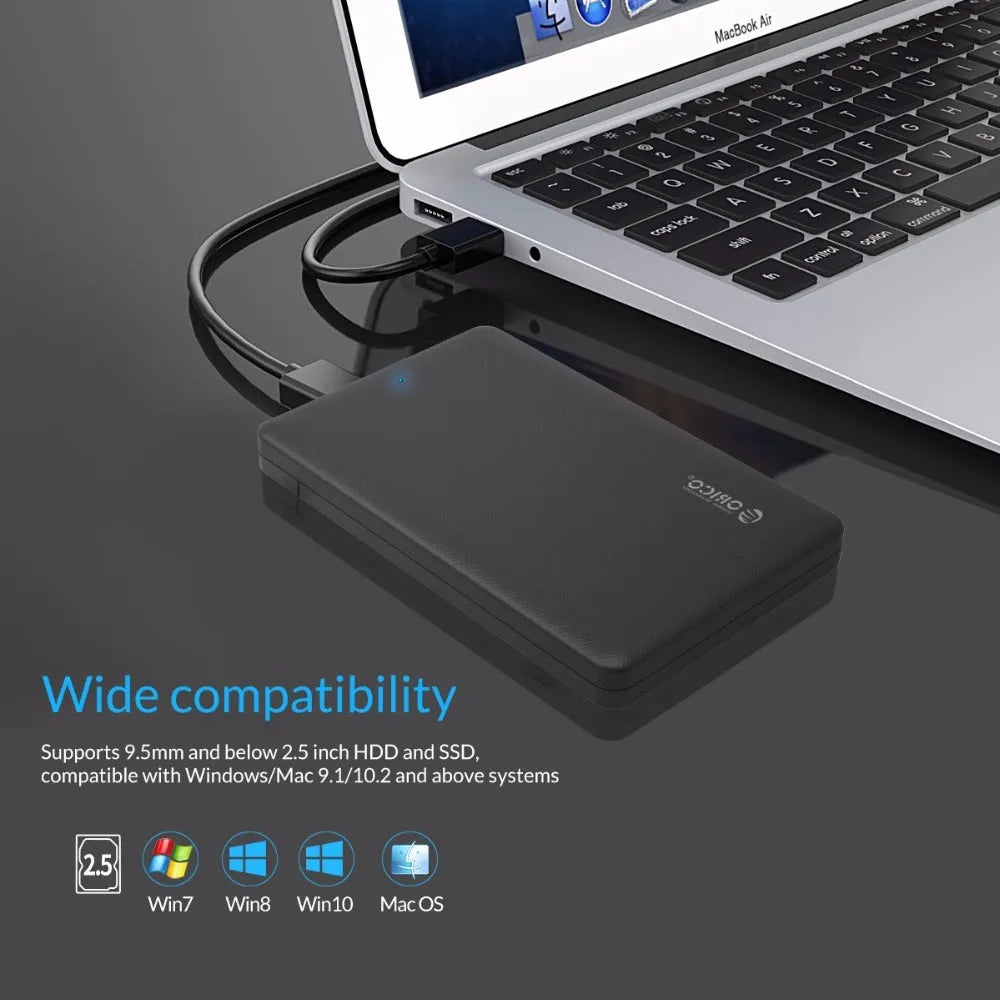 ORICO 2577U3 black ABS 2.5 inch SATA HDD SSD enclosure with USB 3.0 Micro B and SATA 3.0, 126.5 x 80 x 15mm