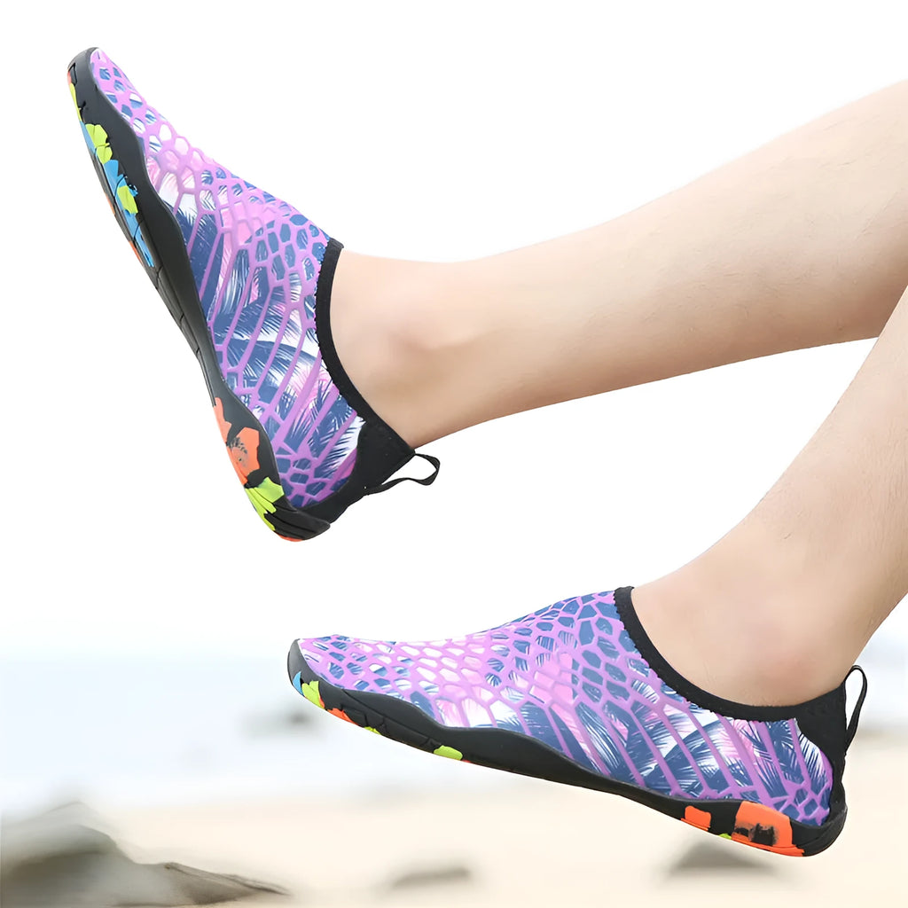 Lycra fabric beach wading shoes with EVA midsoles for men and women, shown in multiple colours