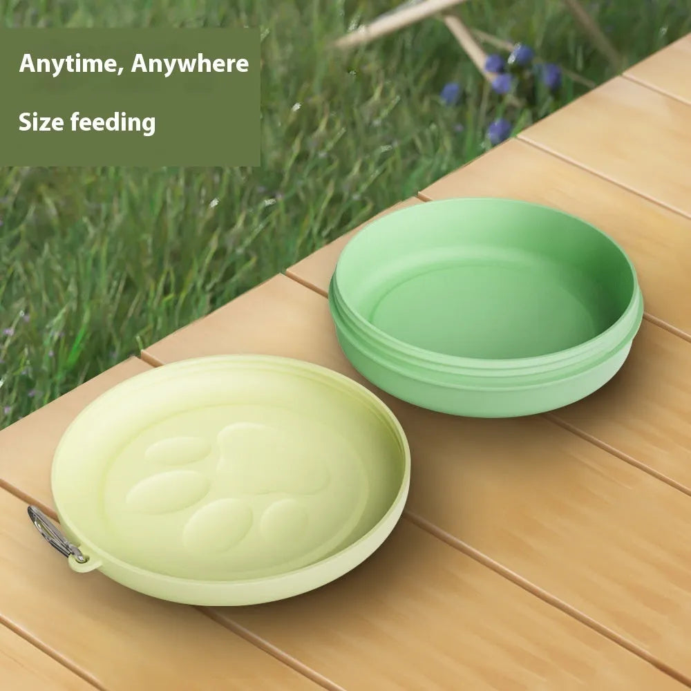 Collapsible portable dog bowl in silicone showing expanded feeding position and collapsed storage form