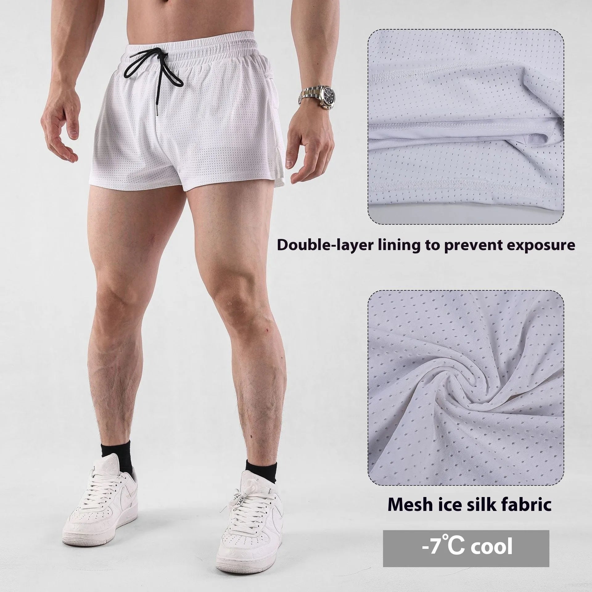 Men's black and white quick-dry nylon summer shorts with a mid waist fit.